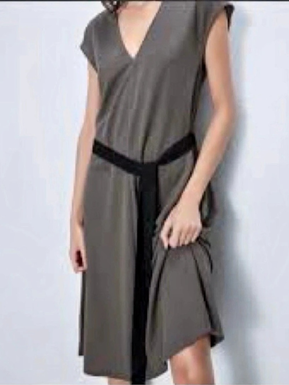 Zara Taupe Belted Midi Dress V Neck Minimalist Size L NWOT